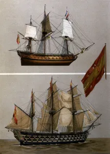 Vessels Prints: Vessels Rayo and Santa Ana with the insignia flag of Admiral Gravina, who took