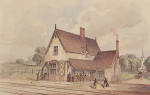 Victorian Rural Train Station and Railroad Crossing, 1844-77. Creator: John Connell Ogle Victorian Rural Train Station and Railroad Crossing, 1844-77. Creator: John Connell Ogle