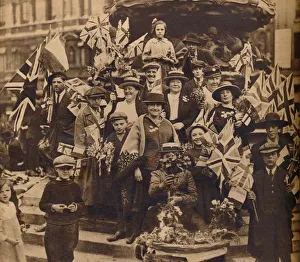 Victory celebrations underneath Eros, Piccadilly, London, 1918, (1938)