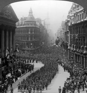Victory march of Londons regiments, saluting the Lord Mayor, 1918. Artist: Realistic Travels Publishers