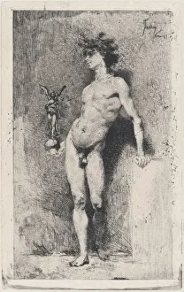 Victory: a naked youth standing facing left holding a statue of winged Victory in his righ... 1869. Creator: Mariano Jose Maria Bernardo Fortuny y Carbo