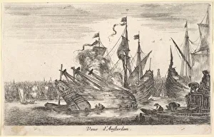 Della Bella Prints: View of the Amsterdam seaport (Veue d Amsterdam), men in rowboats work on a ship in