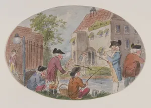 Finsbury Prints: View of anglers opposite Sadlers Wells Theatre. Finsbury, Islington, London, c1800