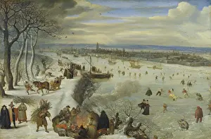 Embankment Prints: View of Antwerp with Frozen Schelde, 1593. Creator: Lucas van Valckenborch
