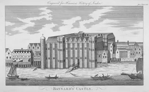 View of Baynards Castle with boats on the River Thames, City of London, 1775. Artist