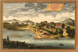 Menshikov Prints: View of Beryozovo from the Sosva River, 1760. Artist: Bellin, Jacques Nicolas (1703-1772)