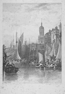 Billingsgate Wharf Gallery: View of Billingsgate wharf with boats, City of London, 1828