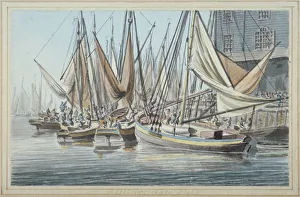 Clevely Prints: View of Billingsgate wharf with boats on the water, City of London, 1790