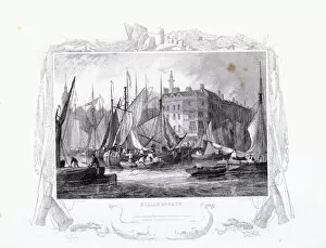 Billingsgate Wharf Gallery: View of Billingsgate wharf with Three Tuns Public House, figures and boats, London, 1834