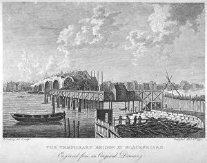 Blackfriars Bridge Gallery: View of Blackfriars Bridge under construction, London, c1762 (1775). Artist: RB Godfrey