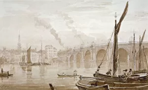 Blackfryars Bridge Gallery: View of Blackfriars Bridge from the Surrey shore, with boats in the foreground, London, c1825