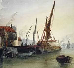 Bankside Gallery: View of boats moored on the River Thames at Bankside, Southwark, London, c1830