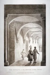 Havell Prints: View of the box entrance in the Kings Theatre, Haymarket, London, 1837