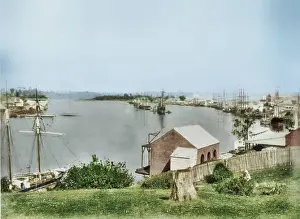 Wharves Prints: View along the Brisbane River, 1873. Creator: Unknown