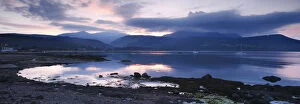 Peter Thompson Gallery: View across Brodick Bay to Beinn Tarsuinn and Goatfell at sunset, Arran, North Ayrshire, Scotland