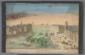 Cargo Boat Prints: View of the built-up Pont Notre-Dame over the Seine River in Paris