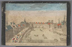 Cargo Boat Prints: View of the built-up Pont Saint-Michel over the Seine River in Paris