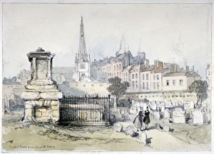 Finsbury Prints: View of Bunhill Row from Bunhill Fields, Finsbury, Islington, London, c1860. Artist