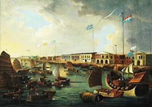 Canton Prints: View of the Canton Factories, the Pearl River and junks and other vessels