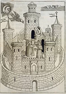 Balearic Islands Gallery: View of a castle, engraving in Coplas de Mallorca (Songs of Majorca), 1398