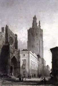 View of the Cathedral and the Miquelet tower in Valencia, engraving in Voyage Pittoresque View of the Cathedral and the Miquelet tower in Valencia, engraving in Voyage Pittoresque