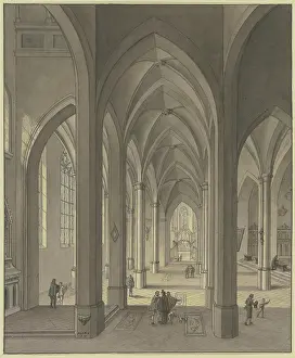 Columns Prints: View into the chancel of a three-aisled Gothic hall church with figures in 17th-century costume