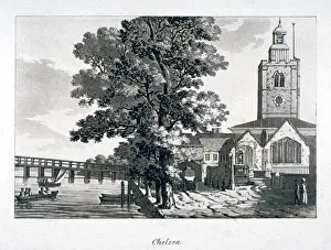 View of Chelsea Old Church with the River Thames on the left, London, c1800