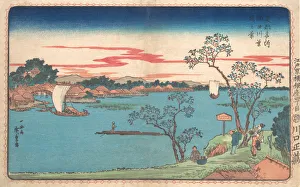 Cherry Trees Prints: A View of Cherry Trees in Leaf along the Sumida River, 1831. 1831. Creator: Ando Hiroshige
