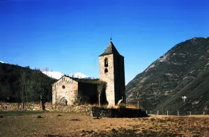 Block Prints: View of the Church of the Assumption in the village Coll de Tor built with large stone blocks