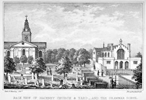 Graveyard Collection: Back view of the Church of St John at Hackney and a grammar school, London, c1835