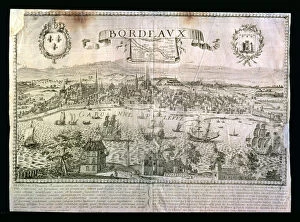Burgundy Collection: View of the city of Bordeaux with the Garonne river, metal engraving signed by Jollain