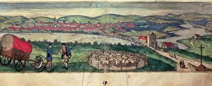 Sevilla Gallery: View of the city of Ecija and the Genil river. Engraving in the work Civitates Orbis Terrarum