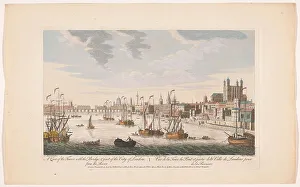 Cargo Ships Prints: View of the city of London seen from the River Thames