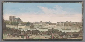 Cargo Boat Prints: View of the city of Paris seen from the Quai de Miramion