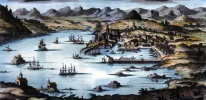 Santander Prints: View of the city and the port of Santander, coloured engraving