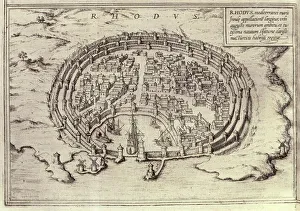 Brun Prints: View of the city of Rhodes, engraving in Theatre des Princepales villes de tout le monde