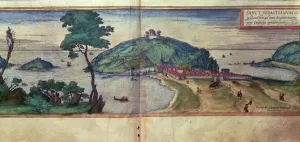 Maps Prints: View of the city of San Sebastian. Engraving in Civitates Orbis Terrarum, 1576