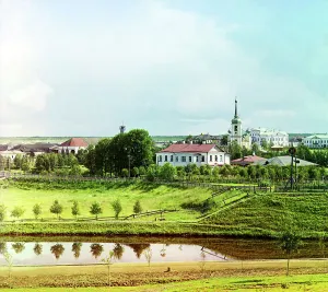Vologda Oblast Prints: View of the city of Vytegra from a hill [Russian Empire]