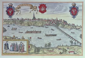 View of the city of Warsaw along the Vistula River, engraving in Alte Europaische