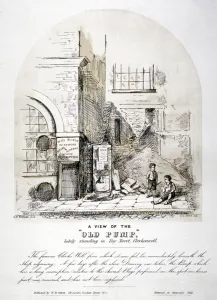 Clerkenwell Prints: View of Clerks Well pump in Ray Street, Finsbury, London, c1825. Artist