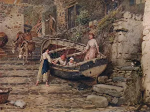 View at Clovelly, with Stranded Boat and Figures, 1882, (1935). Artist: Birket Foster
