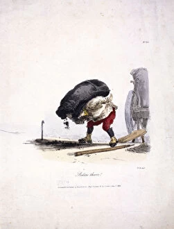 Coalman Gallery: View of a coalman removing a heavy sack of coal from his cart, 1828. Artist: Engelmann