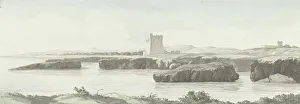 View on the coast of the Adriatic Sea with an observation tower on the other side of Monopoli, 1778. Creator: Louis Ducros