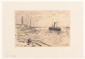 Vans Gravesande Prints: View of the coast of IJmuiden with lighthouse and ship