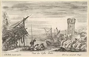 Shipbuilding Gallery: View of the coast of Italy (Veue des Costes d Italie), the bow of a ship resting to left