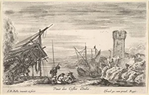 Della Bella Prints: View of the coast of Italy (Veue des Costes d Italie), the bow of a ship resting to left