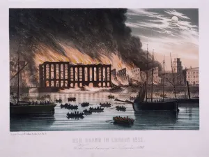 Firefighting Prints: View of the Cottons Wharf Fire, Bermondsey, London, 1861