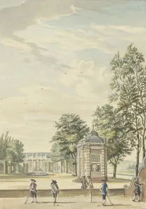 Golfers Prints: View of a country estate with four golfers, 1706-1800. Creator: Anon