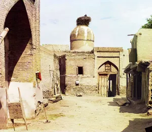 Stork Prints: View of a courtyard, adobe buildings