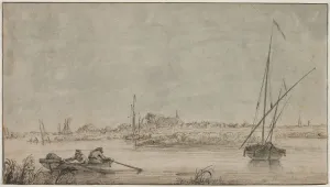 Over Black Chalk Prints: View of Dordrecht from the River, 1775-1815. Creator: Jacob van Strij (Dutch, 1756-1815)